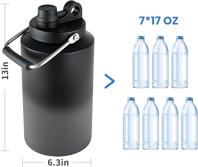 1 Gallon Water Bottle Insulated Stainless Steel Keeps Ice 48Hr, Large Water Gallon Jug Wide Mouth Leakproof Vacuum for Gym, Camping, & Construction Gradient Grey