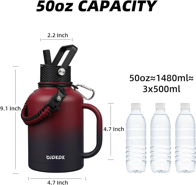 BJPKPK Large Insulated Water Bottles with Straw Lid & Handle, 50oz Water Bottle with 3 Lids and Paracord Strap,Stainless Steel Metal Water Bottle, nsulated Water Jug,Charming Red