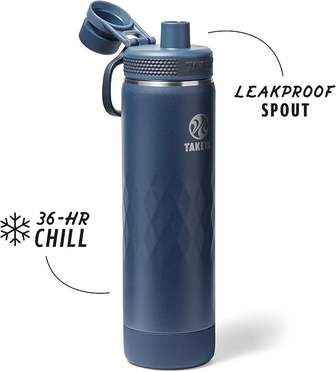 Takeya Sport 22 oz Triple-Insulated Stainless Steel Water Bottle, Spout Lid – Leakproof, Sweatproof, BPA-Free, Keeps Drinks Cold 36 Hrs, Hot 14 Hrs – Indigo