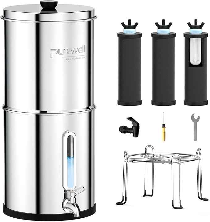 Purewell 4-Stage Ultra-Filtration Gravity-fed Water Filter System with 3 Filters, 304 Stainless Steel Countertop System with Water Level Window, Reduce Fluoride and Chlorine, 2.25G, PW-KS-3F