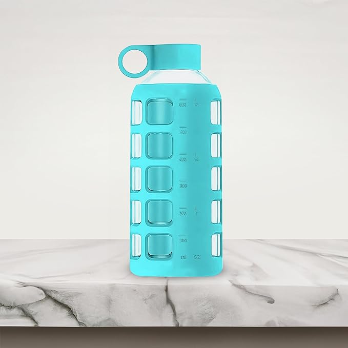 purifyou 40oz / 32oz / 22oz / 12oz Borosilicate Glass Water Bottle with Time & Volume Markers, Silicone Sleeve, Stainless Steel Lid | Reusable Glass Bottle for Water & Juice (22oz Aqua Blue)