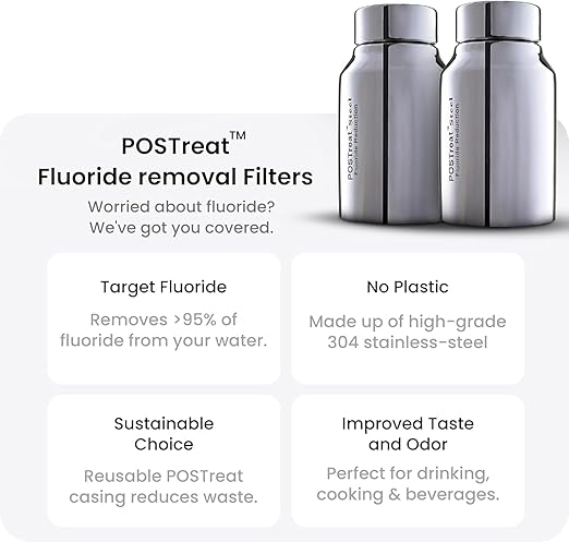 PHOENIX GRAVITY - 2.25 Gallons NSF Certified AISI 304 Stainless Steel Water Filter with 2 Smart Carbon (Black) Filters, 2 POSTreat Steel Fluoride Removal Elements, Free Steel Stand & Water Spigot