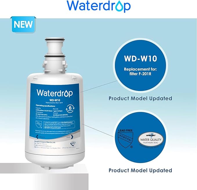 Waterdrop F-201R Water Filter Cartridge, NSF/ANSI 42 Certified, Replacement for F-201R Water Filter Cartridge for Hot Water Dispenser, pack of 2, Model No. WD-W10