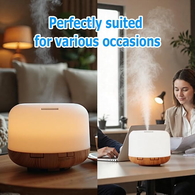 500ml Premium Essential Oil Diffuser,Quiet 4-in-1 Ultrasonic Aromatherapy Humidifier,7 Color LED Lights,with Adjustable Automatic Timer Off Function and Spray Mode. (Light Woodgrain)