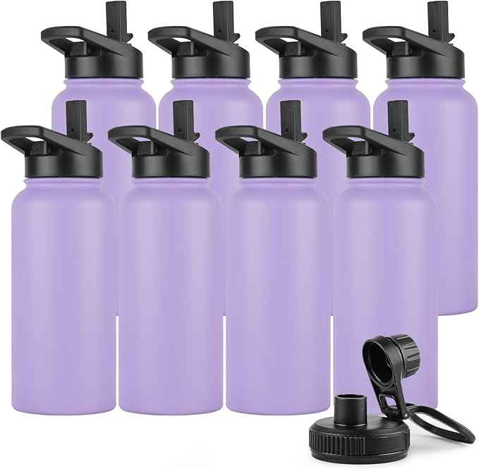 DOMICARE 32 oz Insulated Water Bottle Bulk, Vacuum Insulated Stainless Steel Sports Water Bottle with Straw Lid & Spout Lid, Leakproof, Reusable - Travel, Camping, Bike, Purple (8 Pack)