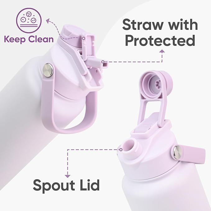 KEWIXY 32 oz Insulated Water Bottle, 2-in-1 Lid, Straw & Spout with Protected, Leak Proof, Keep Cold, Stainless Steel, Metal, Reusable, Handle, for Outdoor, Gym and School, 2 Lids, Pale Mauve