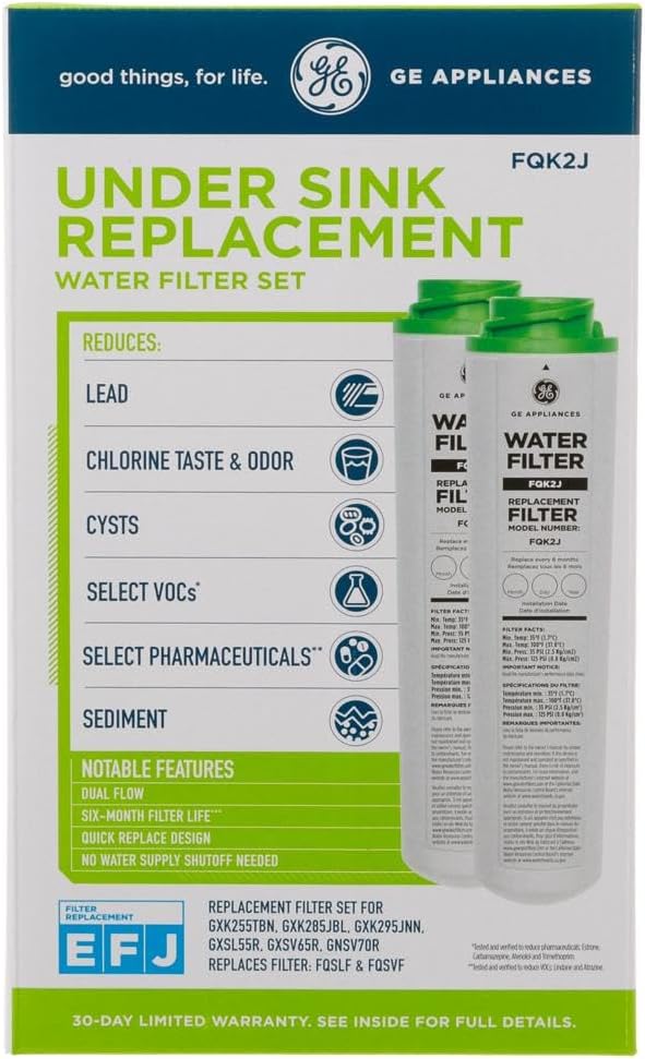 GE Under Sink Water Filter Replacement, Dual Flow, Reduces Sediment, Rust & Other Impurities, Fits GXK255TBN Under Sink Filtration System, Replace Every 6 Months, FQK2J, 2 Filters (Pack of 3)