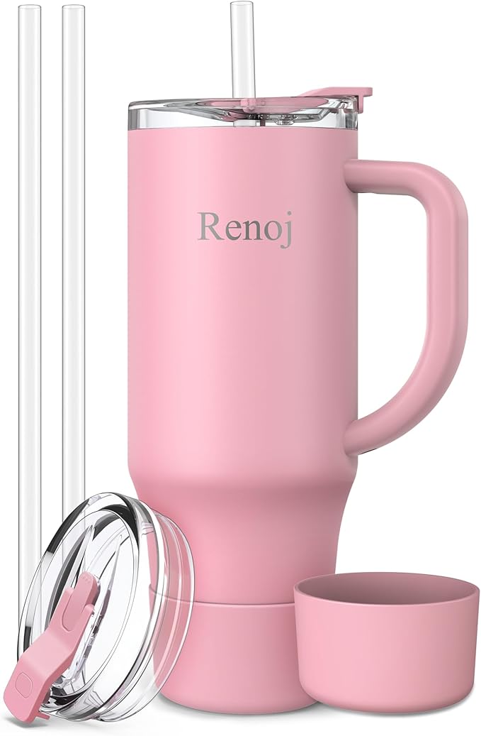 Renoj Tumbler with Handle 100% Leak Proof Insulated Water Bottle for Iced Coffee & Hot Drinks - Fits Car Cup Holder, Ideal Gift, 2 Straws & Silicone Boot BPA-Free - SnapShift Pink 32 oz