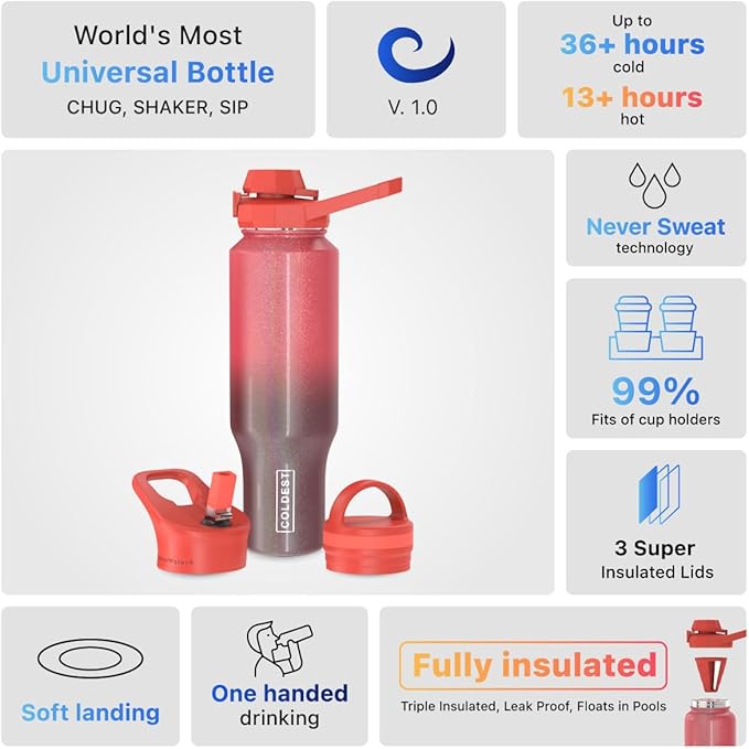 Coldest Sports Water Bottle - 3 in 1 Lids (Chug, Straw, Handle) - Insulated Stainless Steel Tumbler with Handle - Vacuum Water Flask Cup, Valentines Gifts for Him Her (46 oz, Red Nebula Glitter)