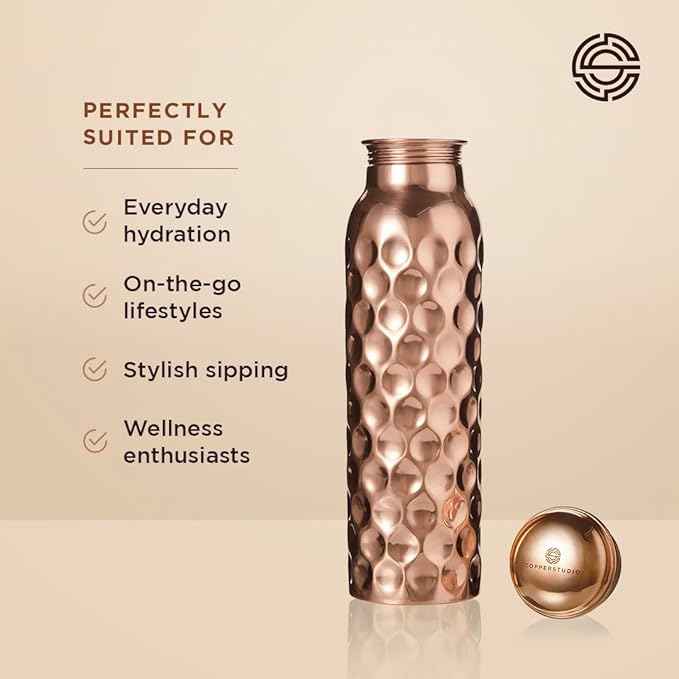 Honeycomb Copper Water Bottle- 1 litre/34 oz, Pure Copper bottle with Leak Proof cap, Honeycomb finish, Lacquer coated, Health Benefits/Yoga Bottle