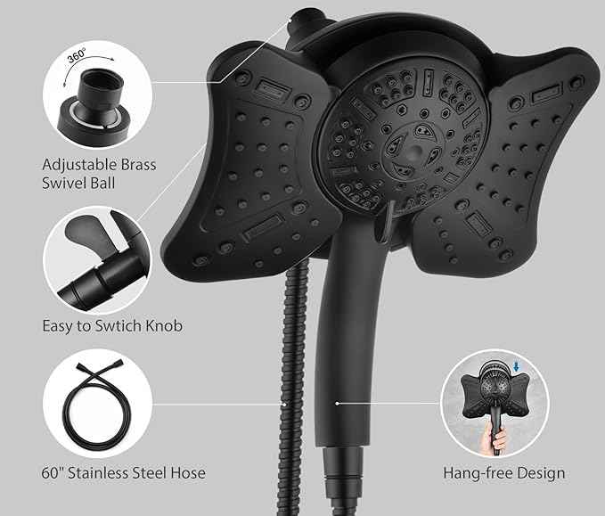 GRICH 2.5GPM Shower Head with Handheld Spray Combo: 2 in 1 Rainfall Shower Heads high pressure & Handheld Shower Head, 9 Spray Modes/Settings Detachable Shower Head with 60 Inch Hose, Black