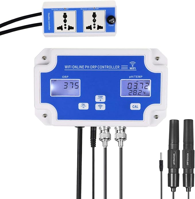 3 in 1 PH ORP Temperature Meter, Water Quality Monitor with Dual Power Socket and App, 24 Hours Smart Monitoring and Calibrate Easily, for Aquariums, Drinking Water, Hydroponics, Lab