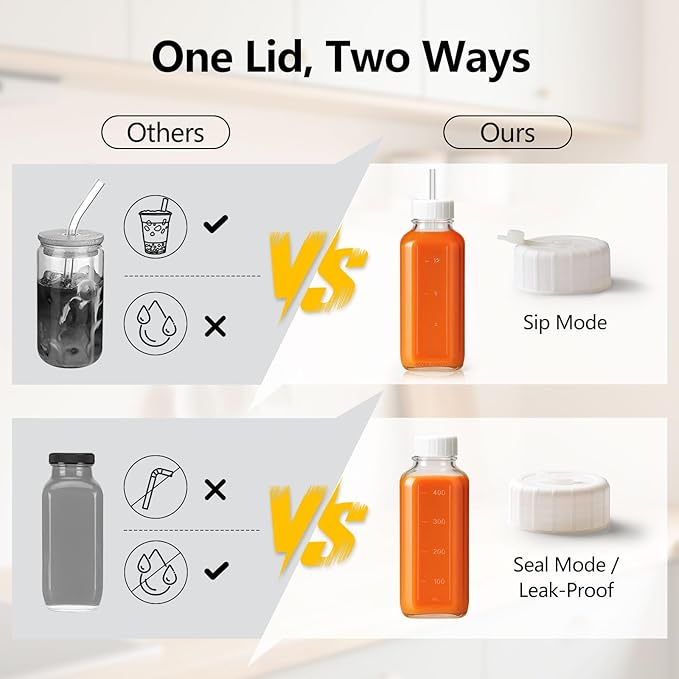 Ruckae 16oz 10 Pack Glass Juice Bottles with Hole Lids - Reusable Square Glass Juice Bottles with Leak-Proof Lid & Capacity Marks for Containers Juicing,Milk,Smoothies