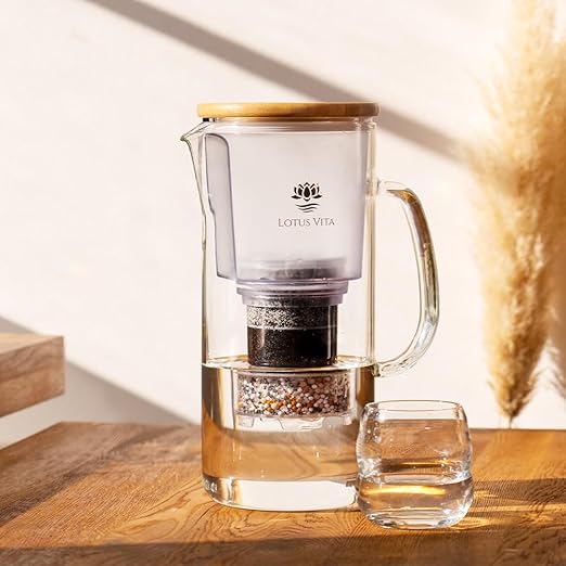 ENYA Glass Water Filter Pitcher (10-Cups Total) - Removes Impurities, Adds Minerals - BPA Free - Glass & Bamboo Design - Improves Water Quality, Taste, and Drinking Habits