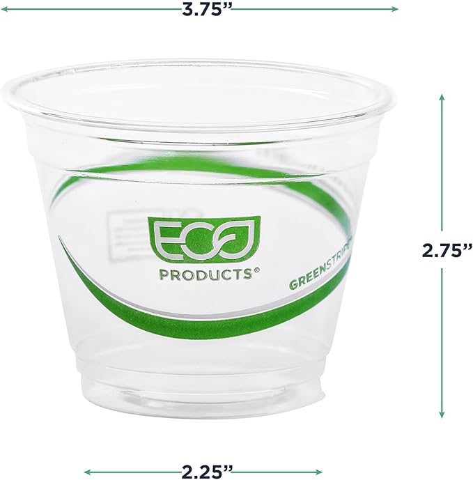 ECO PRODUCTS GreenStripe Clear Compostable 9oz PLA Plastic Cups, Pack of 50, Disposable Renewable Plant-Based Cold Cups, for Cold Drinks & Snacks, BPI Certified, ASTM Compliant.