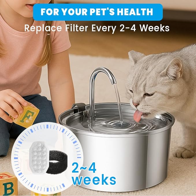 16 PCS Cat Water Fountain Filter for 108oz/3.2L Stainless Steel Dispensers – 8 Pack Replacement Filters for Pet Fountains – 8 Carbon + 8 Sponge – Improves Water Quality & Reduces Odors