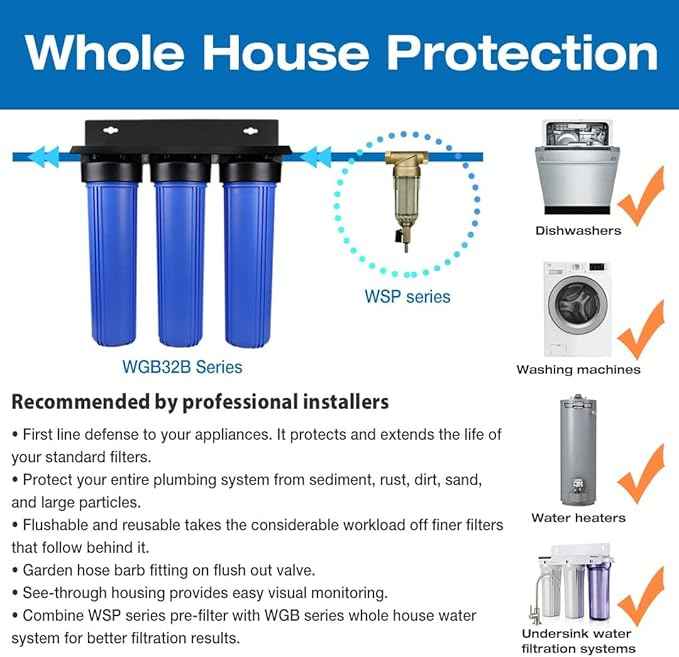 iSpring UVF55FS Whole House UV Water Filter with Smart Flow Sensor Switch, 55W, 12 GPM & WSP-50 Reusable Whole House Spin Down Sediment Water Filter, 1" MNPT + 3/4" FNPT, Lead-Free Brass