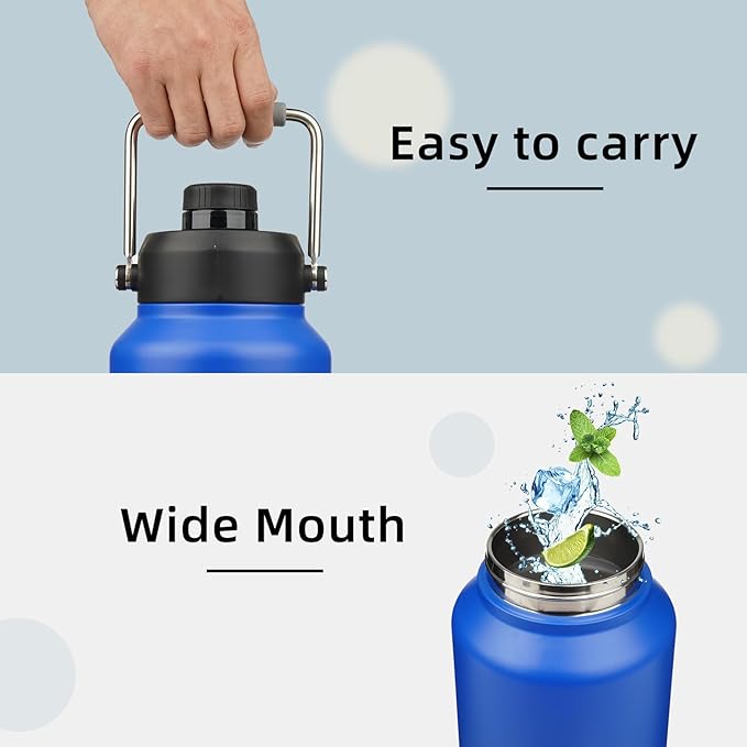 1 Gallon Jug with Handle,128 oz Insulated Water Bottle with Carrying Pouch, Double Wall Vacuum Stainless Steel Metal Bottle,Blue