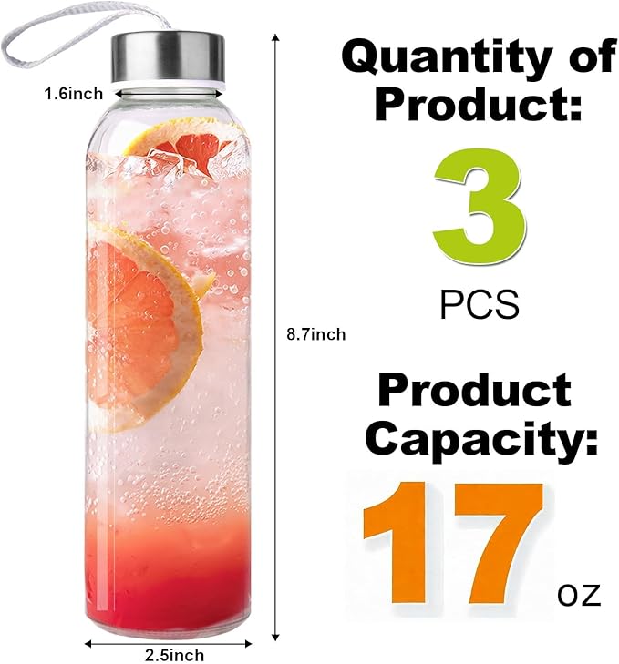 3 Packs Glass Water Bottles with Lid Clear Juice Bottles Reusable Bottle with Stainless Steel Cap Glass Cups Liquid Storage Containers for Juicing Beverage Refrigerator Travel-17oz