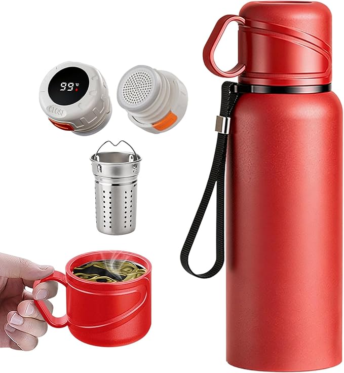 Double wall vacuum Leakproof stainless steel wide mouth insulated water bottle;tea tumbler with infuser,cup,lid;smart thermoses hot drinks;thermal flask ice coffee with led digital temperature display