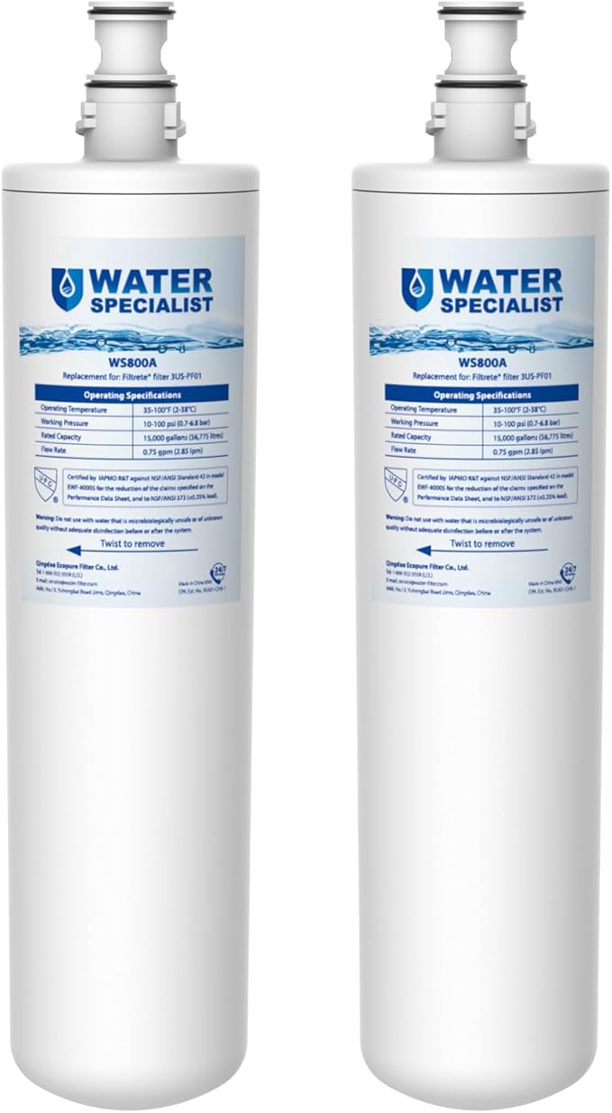 Waterspecialist 3US-PF01 3US-MAX-F01 Replacement Filter, NSF/ANSI 42 Certified Replacement for Filtrete® 3US-PF01, 3US-MAX-F01H, Delta RP78702, Manitowoc K-00337, K-00338, HF20, HF25, HF27, 2 Packs