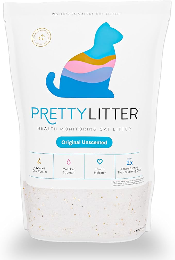PrettyLitter Health Monitoring Cat Litter (Unscented, Non Clumping) | Lightweight & Low Tracking, Color Changing Silica Gel Crystals, Advanced Odor Control — 6 Lbs, Pack of 1 (One Month Supply) - AquaVibe
