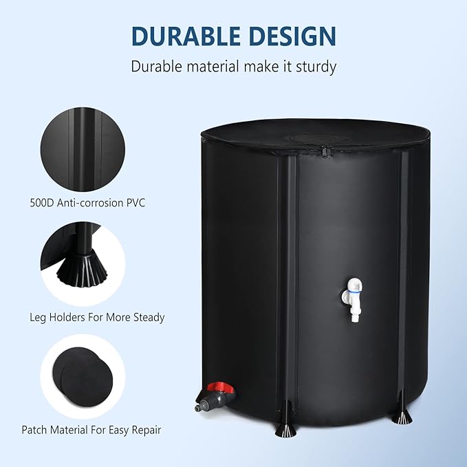VINGLI Upgraded 50 Gallon Collapsible Rain Barrel, Portable Water Storage Rain Water Collection System, Weather Proof Sturdy Water Tank Water Catcher Container with Filter Spigot Overflow Kit