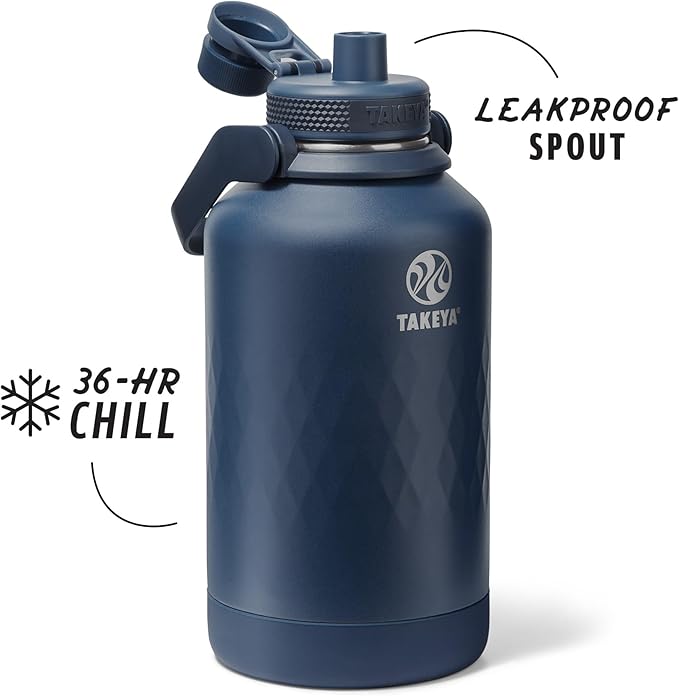 Takeya Sport 64 oz Triple-Insulated Stainless Steel Water Bottle, Spout Lid – Leakproof, Sweatproof, BPA-Free, Keeps Drinks Cold 36 Hrs, Hot 14 Hrs – Indigo
