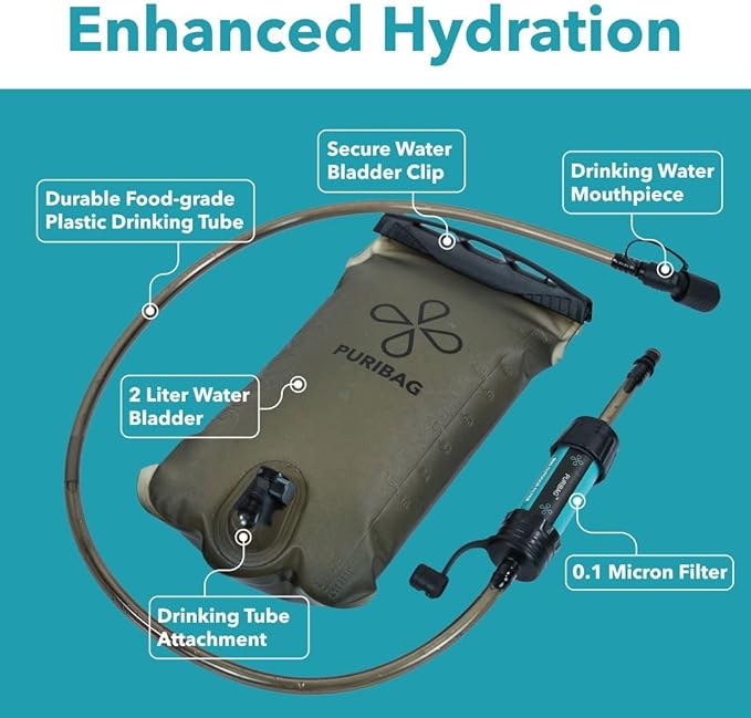 Puribag Adventure Bladder: 2 Liter Hydration Bladder with Filter - Replacement Backpack Water System Compatible with Other Daypack Hydration Systems, Water Bladder for Backpacking, Hiking & Biking