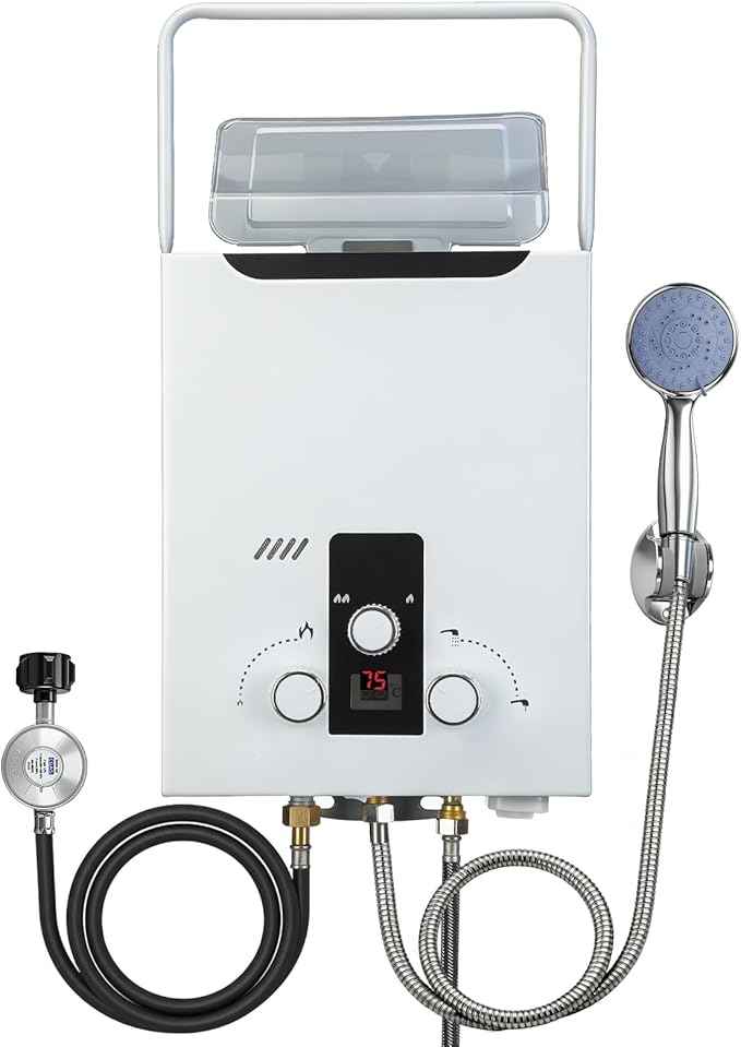 Propane Tankless Water Heater Outdoor, 2.11 GPM 8L, Portable Gas Water Heater with Handle and Digital Display, Instant Hot Water for RV, Cabin, Pet Bathing, Camping