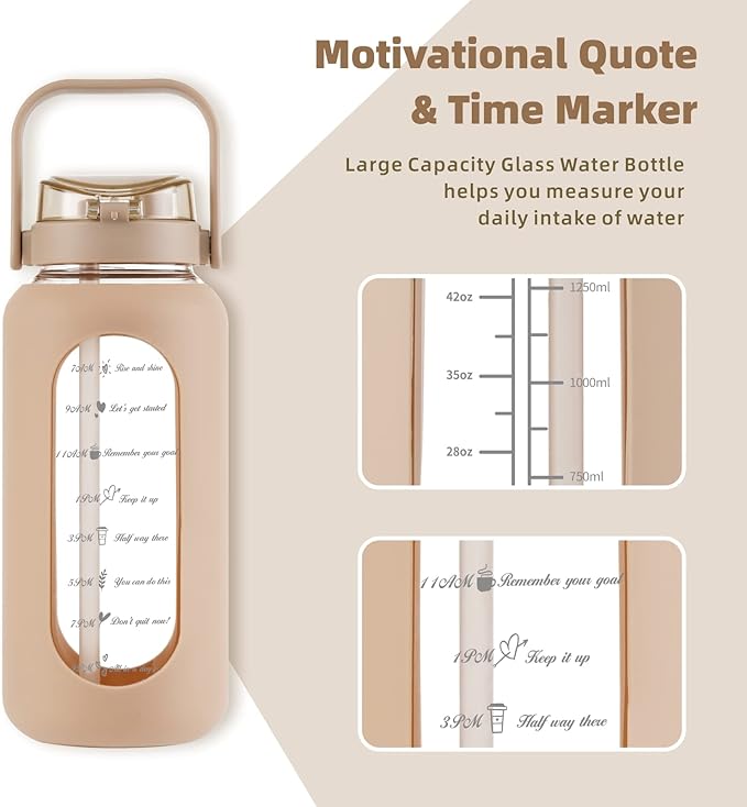 SIEROZUR 64 oz Glass Water Bottle with Straw and Handle Lid Half Gallon Motivational Glass Bottle with Silicone Sleeve and Time Marker Large Reusable Sports Water Jug for Gym Home Workout