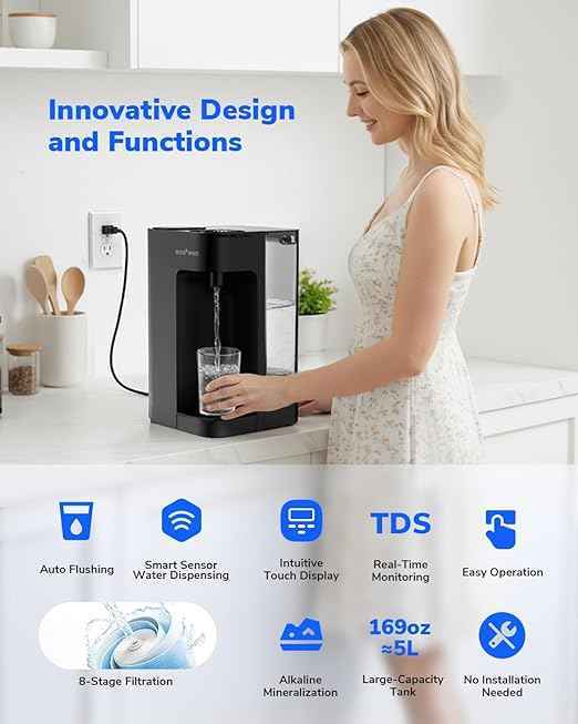 Mate 3 Reverse Osmosis Water Filter Countertop, 3:1 Pure to Drain, Smart Autofill Pitcher, No Installation Water Purifier, 8 Stage RO Water Filtration, with Remineralization, Black
