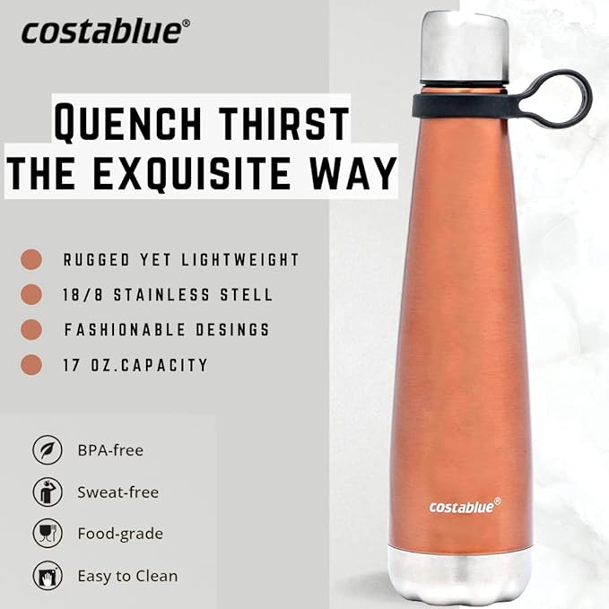 Insulated Water Bottle - On-The-Go Refillable Stainless Steel Water Bottles For Adults, Reusable Thermos Travel Tumbler With Leak-proof Lid For Hot & Cold Beverages (17Oz. Copper Peach)