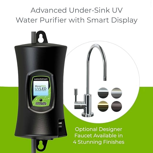 WaterChef MicroPRO UV LED Under-Sink Water Purifier System with Smart Features + (Chrome) Designer Faucet, Reduce up to 99.99% of Pathogens, Mercury-Free