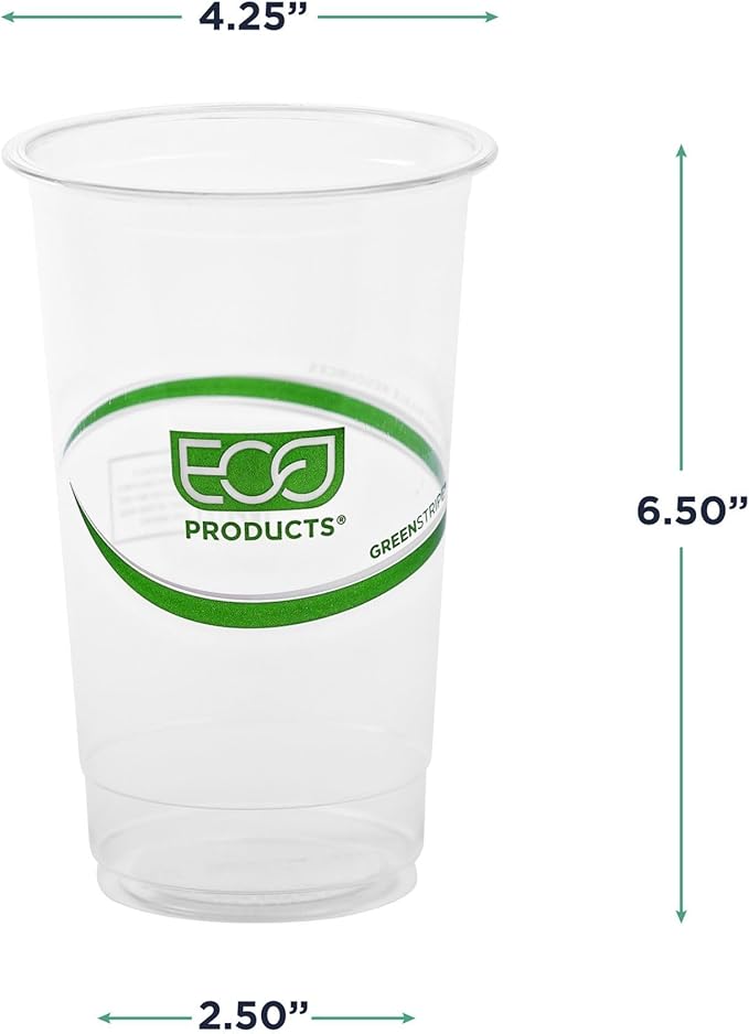 ECO PRODUCTS GreenStripe Clear Compostable 32oz PLA Large Plastic Cups, Case of 600, Disposable Renewable Plant-Based Cold Cups, For Cold Drinks & Snacks, BPI Certified, ASTM Compliant.