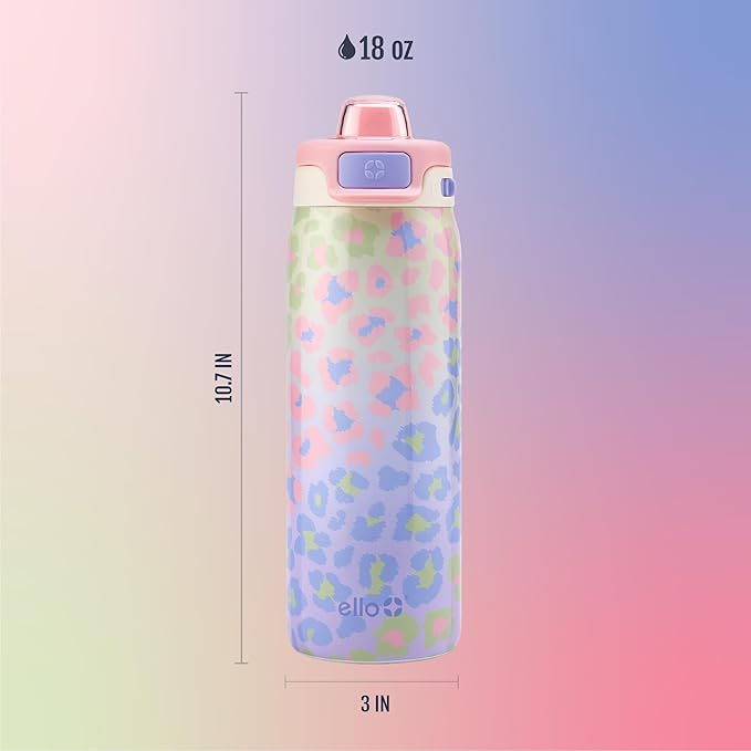 Ello Pop & Fill 18oz Stainless Steel Kids Water Bottle with Quick Fill Lid | Vacuum Insulated BPA Free Bottle with Leak Proof Straw and Chug Lid, Dishwasher Safe, Gift For Kids Teens, Cheetah