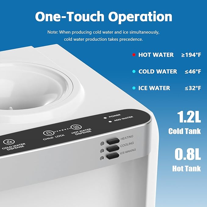 4 in 1 Water Cooler Dispenser with Ice Maker, Hot & Cold Water Dispenser for Home & Office, 33lbs/24H Bullet Ice, Top Loading 3-5 Gallon, Child Safety Lock, Ice Ready in 7 Min (White)