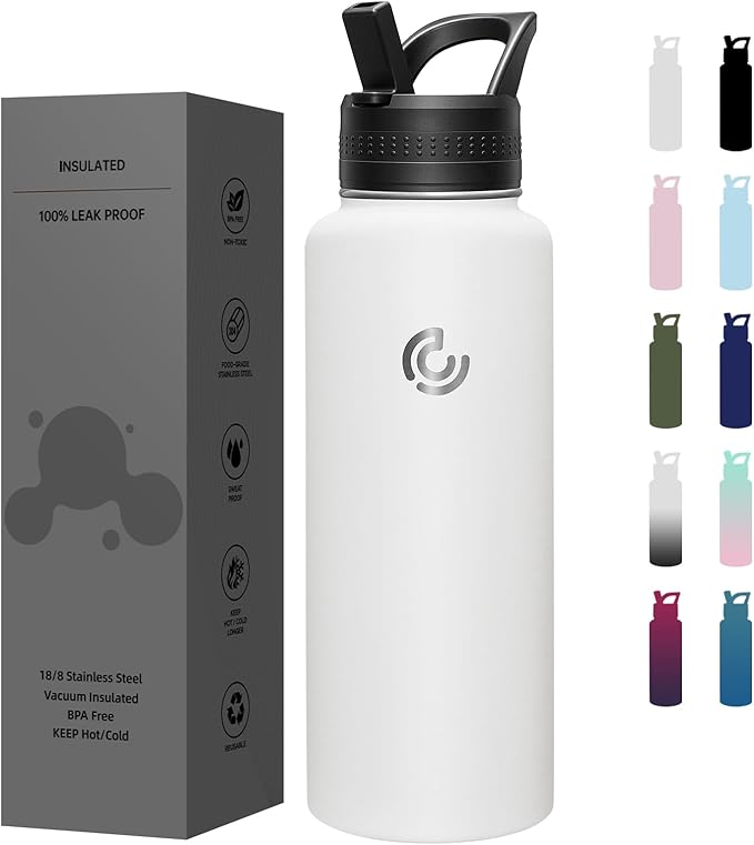 COKTIK 40oz Sports Water Bottle, Stainless Steel Water Bottle for Insulated, Reusable Travel Bottle, With Straw, With Handle Grip for Easy Carrying, Suitable for Cycling, Outdoor Vacations(White)