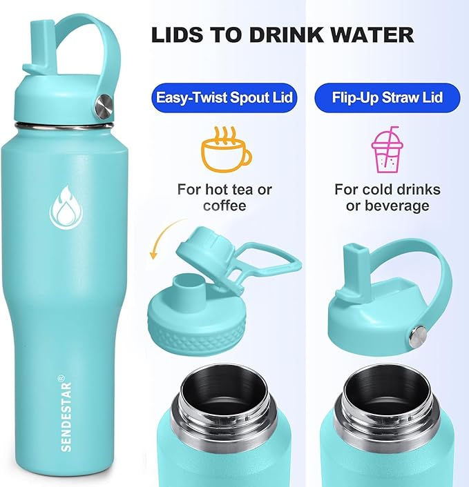 SENDESTAR Water Bottle,Wide Mouth Stainless Steel Vacuum Insulated Double Wall Keep Liquids Cold or Hot All Day,Sweat Proof Sport Design,Fit Car Cup Holder,Mint,32 Ounces