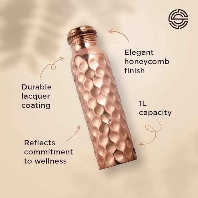 Honeycomb Copper Water Bottle- 1 litre/34 oz, Pure Copper bottle with Leak Proof cap, Honeycomb finish, Lacquer coated, Health Benefits/Yoga Bottle