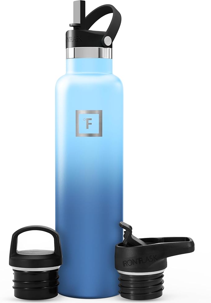 IRON °FLASK Camping & Hiking Hydration Flask with Straw, BPA-Free Insulated Stainless Steel Sports Water Bottle - 24 oz Blue Waves