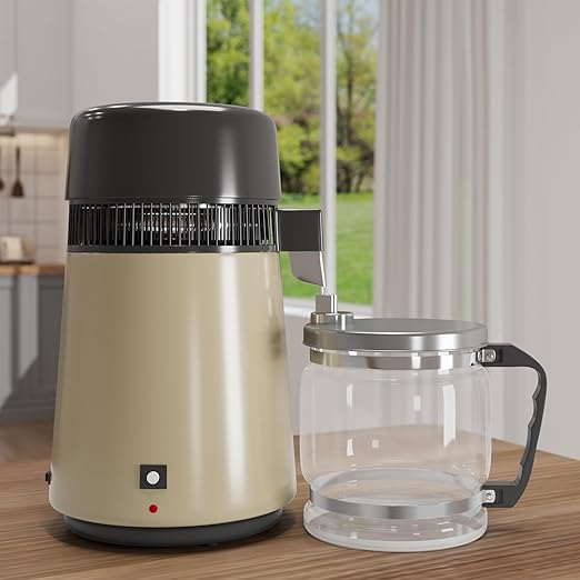 GarveeHome Water Distillers for Home Countertop, 1Gal/4L Stainless Steel Distilled Water Machine with Glass Container, 750W Desktop Drinking Purifier Filter Distilling Kit, Gold