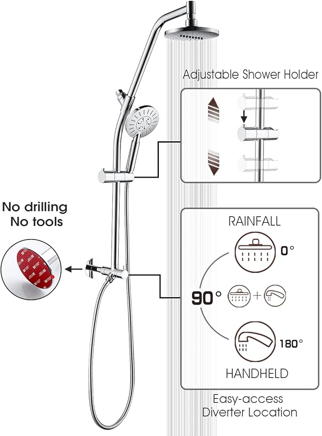 BRIGHT SHOWERS Rain Shower Heads System with High Output Shower Filter for Hard Water, Chrome