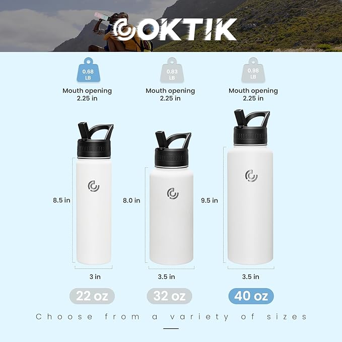 COKTIK 40oz Sports Water Bottle, Stainless Steel Water Bottle for Insulated, Reusable Travel Bottle, With Straw, With Handle Grip for Easy Carrying, Suitable for Cycling, Outdoor Vacations(White)