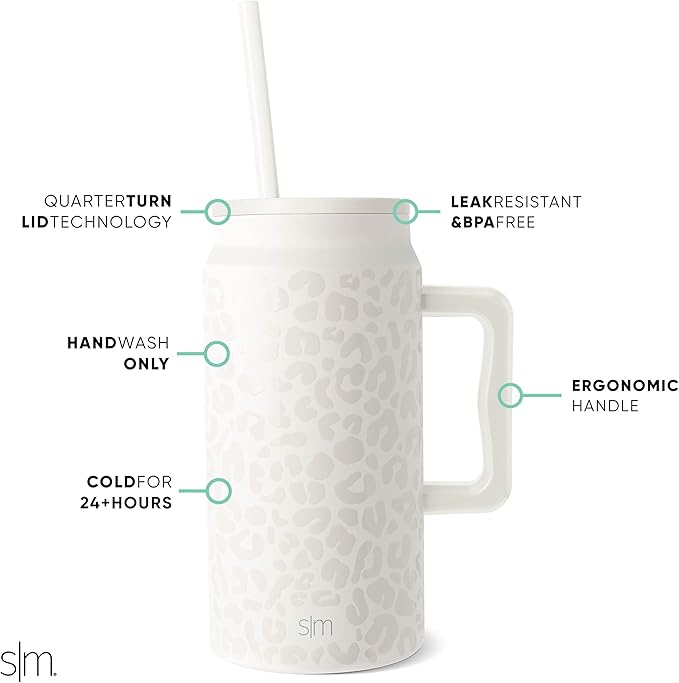 Simple Modern 50 oz Mug Tumbler with Handle and Straw Lid | Reusable Insulated Stainless Steel Large Travel Jug Water Bottle | Gifts for Women Men Him Her | Trek Collection | 50oz | Cream Leopard