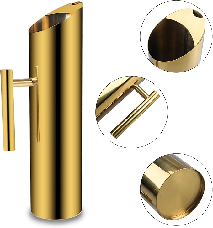 Stainless Steel Water Pitcher 70oz Golden Drink Carafe with Ice Guard Water Jug for Home Bar Restaurant Hotel