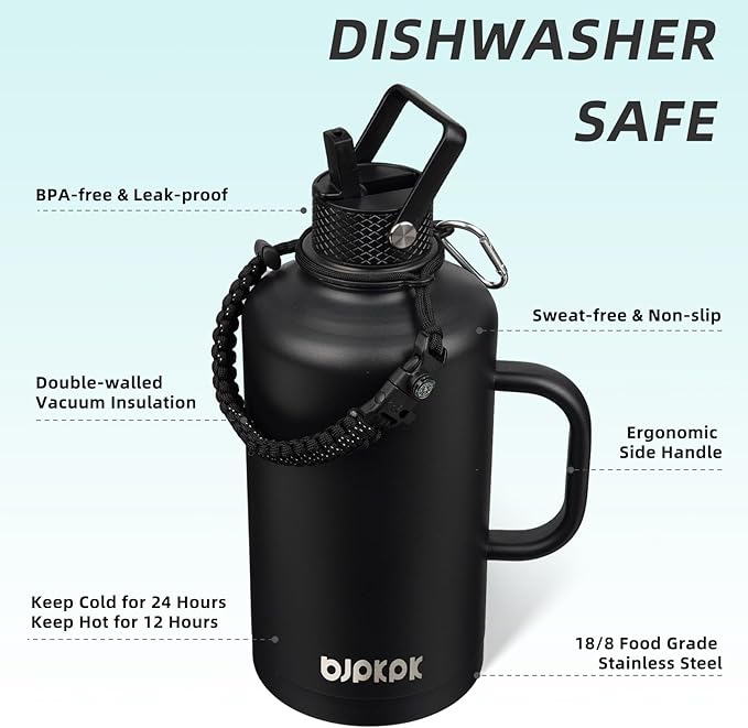 BJPKPK 2/3 Gallon Water Bottle Insulated with Straw Lid, 87oz Large, Stainless Steel Water Bottles with 3 Lids and Paracord Strap, Double Wall Vacuum Metal Water Jug,Black