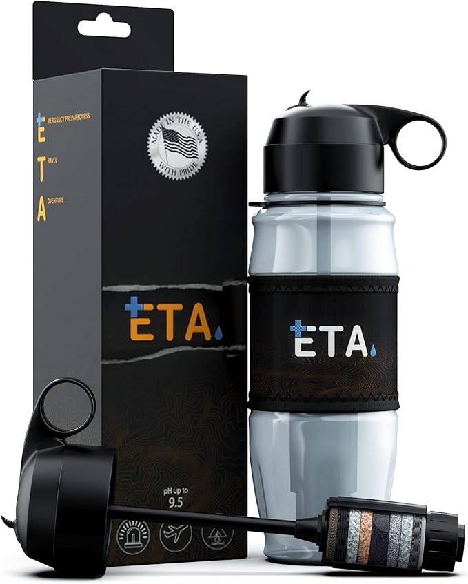 ETA Alkaline Water Filter Bottle for Travel, Camping, Hiking, Backpacking, Emergency, Survival | Removes up to 99.99% of Harmful contaminants, 9.5pH, Protects the Nutrient & Mineral Value, Made in USA
