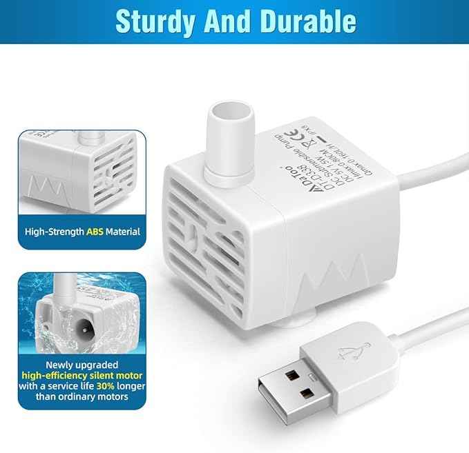 Cat Water Fountain Pump Ultra-Quiet USB 5V Submersible Pet Drinking Fountain Replacement Pump IPX8 Waterproof Cat Water Dispenser Pump