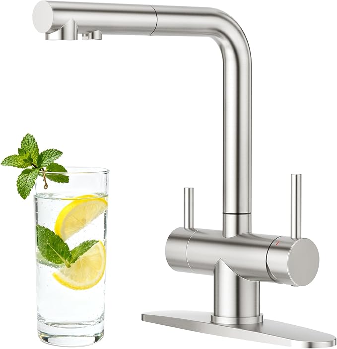 CREA 3 Way Kitchen Faucet with Pull Down Sprayer Built-in Drinking Water Faucet Spout for Bar Sink Purifier Water Filter,Single Hole Double Handles Brushed Nickel Stainless Steel
